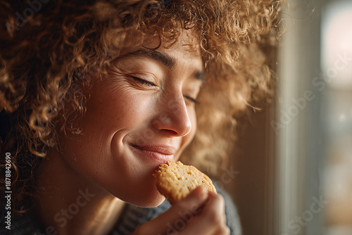 Young woman with curly hair savoring a homemade cookie by the window — a cozy intimate morning moment of simple pleasure