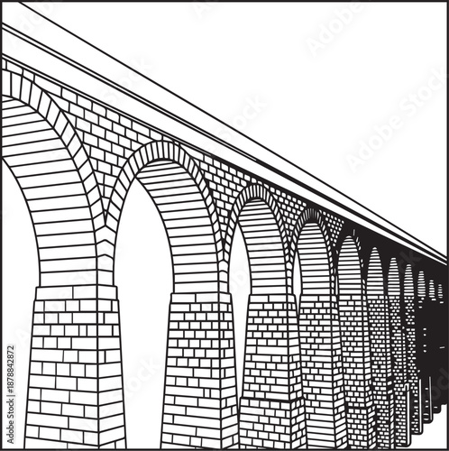 Architecture coloring page for kids and adults, black and white long stone aqueduct bridge in perspective sketch line art vector illustration