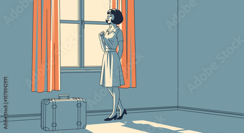 Vintage Retro Scene A Solitary Woman with Suitcase by a Sunlit Window, Evoking Nostalgia and Anticipation