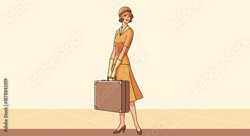 A vintage scene featuring a retro woman with a suitcase, evoking an era of classic travel and elegant style