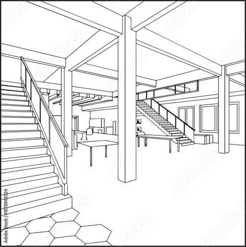 Architecture coloring page for kids and adults, black and white modern co-working office interior with mezzanine levels sketch line art vector illustration