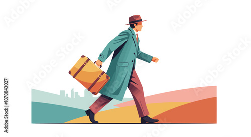 A vintage retro scene with a man in a hat and coat walking with a suitcase, evoking a sense of classic travel and storytelling