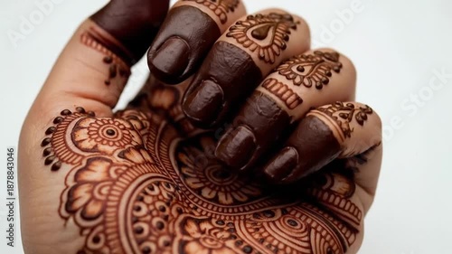 Close-up of Traditional Mehndi Henna Art on a Woman's Hand for Cultural Celebration, with Detailed