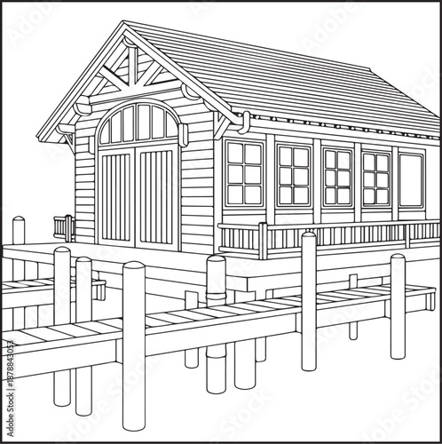 Architecture coloring page for kids and adults, black and white marina boathouse building with pitched roof sketch line art vector illustration