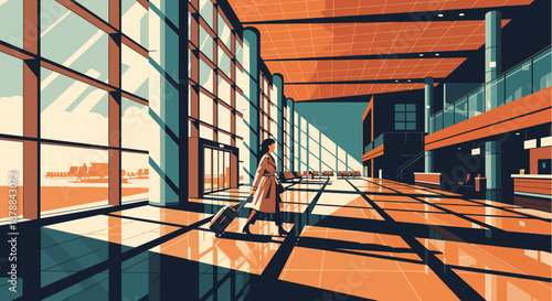 A Retro, Vintage Scene Depicting a Traveler with a Suitcase in a Modern Airport Terminal