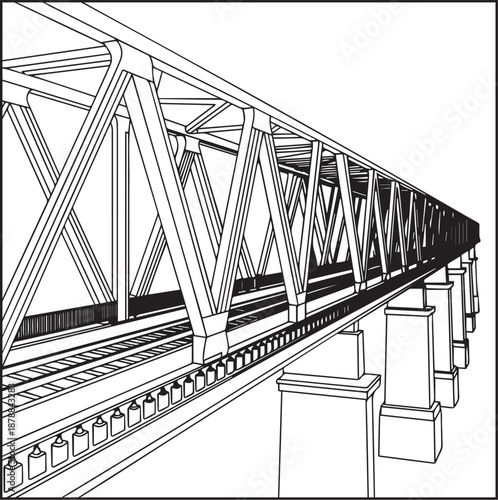 Architecture coloring page for kids and adults, black and white long steel railway bridge in perspective sketch line art vector illustration