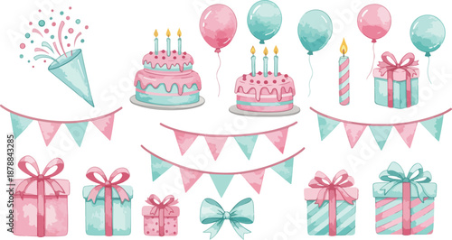 Birthday celebration elements with cakes balloons and gifts in pastel colors
