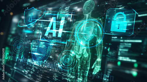 Conceptual illustration of a secure medical ecosystem powered by Artificial Intelligence. The futuristic digital interface displays a human anatomy scan surrounded by security shields and padlock icon