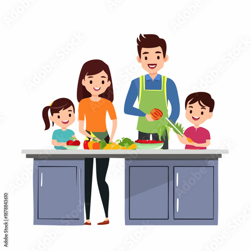 Happy family cooking together in the kitchen preparing a healthy meal at home with joy
