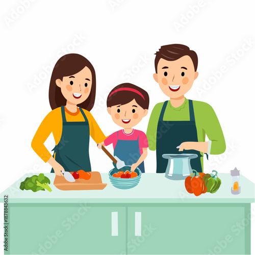 Happy family preparing healthy meal together in kitchen illustration scene