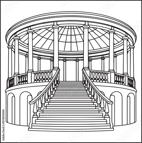 Architecture coloring page for kids and adults, black and white circular rotunda pavilion building with dome roof sketch line art vector illustration
