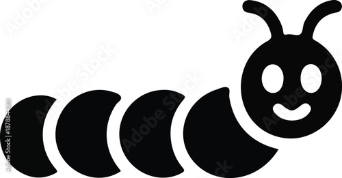 Cute black caterpillar cartoon icon, Simple black caterpillar cartoon silhouette icon representing insect, childhood, and playful nature, ideal for logos, education, apps, and design.

