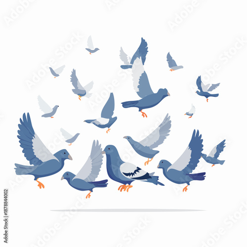 Illustration of a flock of pigeons in flight against a white background in flat style