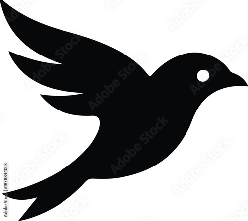 Minimal Black Flying Bird Icon, Minimal black flying bird silhouette icon representing freedom, movement, and nature, suitable for logos, apps, branding, and modern graphic design.

