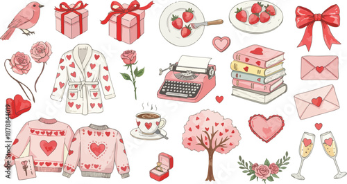 Valentine s day illustration set with hearts gifts flowers and sweet treats
