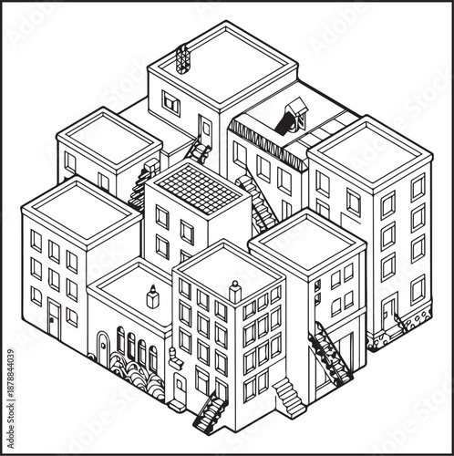 Architecture coloring page for kids and adults, black and white isometric view of a compact city block sketch line art vector illustration