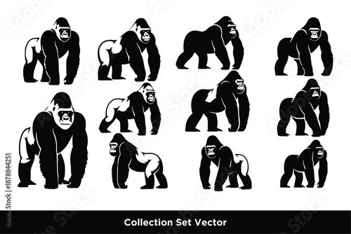 Gorilla set silhouettes isolated vector logo icon