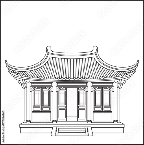 Architecture coloring page for kids and adults, black and white traditional Chinese courtyard house sketch line art vector illustration