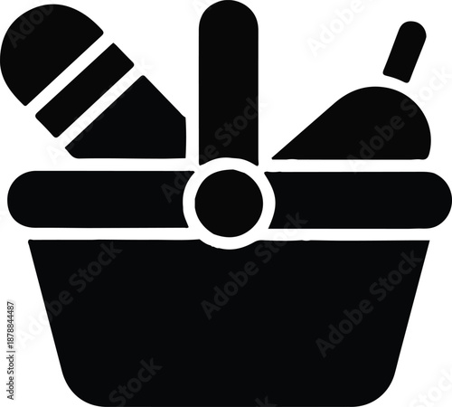 Picnic Basket Food Icon Silhouette, Black picnic basket icon with food items representing outdoor dining, leisure time, summer activities, and simple flat design for apps or signs.

