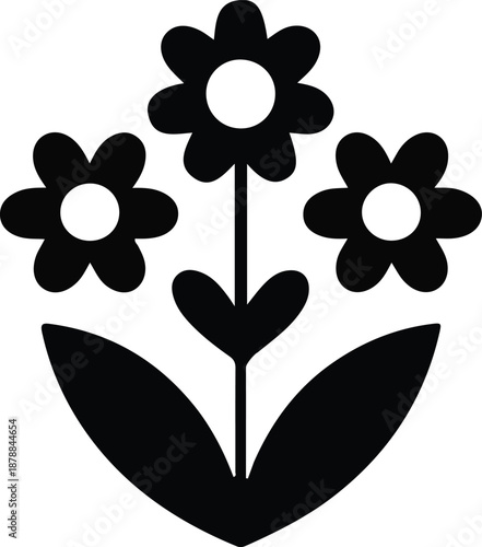Black flower plant nature icon silhouette, Minimal black silhouette of a flowering plant icon, representing nature, growth, spring, gardening, and floral decoration concepts for visual design.

