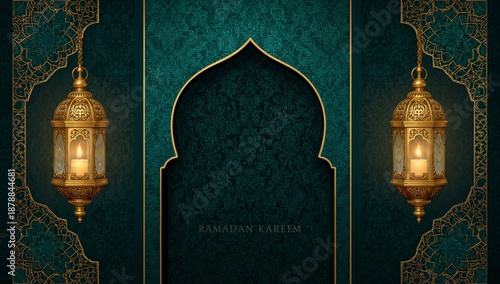 ramadan kareem background with golden lanterns and intricate designs on dark green high quality professional detailed