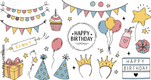 Colorful birthday party decorations and icons with banners and gifts