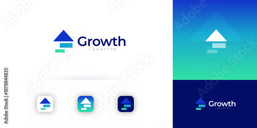 Growth Logo Financial Grow Rise Arrow Abstract Shape. Finance Technology Corporate Logotype. Fintech Digital Transformation Brand, Marketing Business Startup Modern Symbol Design. Vector Illustration