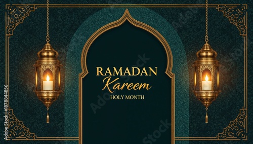 ramadan kareem holy month celebration with traditional lanterns and decorative archway high quality professional detailed modern