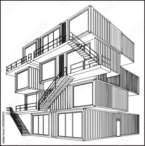 Architecture coloring page for kids and adults, black and white modern building made from stacked shipping containers sketch line art vector illustration
