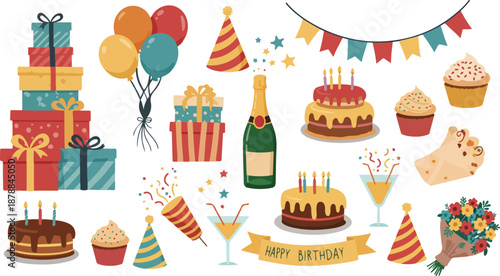 Colorful birthday party celebration elements with cakes and gifts