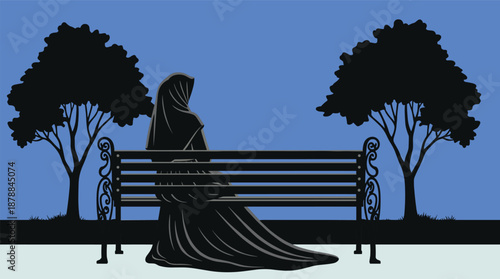 Cloaked figure, park bench, tree silhouette, mysterious scene, dramatic contrast, black illustration, solitude moment, outdoor setting, artistic concept, blue background, peaceful nature