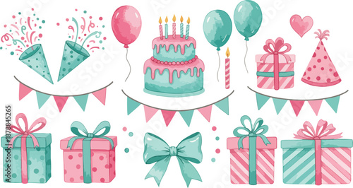 Birthday celebration elements with gifts cake balloons and decorations in pink and green