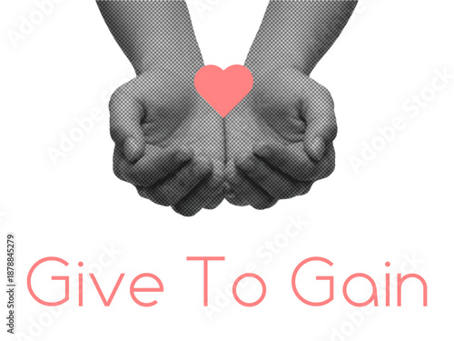 Give To Gain Halftone Vector Poster for Women’s Day 2026 with Female Hands and Heart