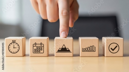 Milestone Planning. Hand highlighting a central milestone within a business timeline, representing structured progress and measurable goals.
