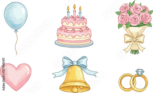 Wedding decorations and symbols including cake balloons flowers heart bell rings
