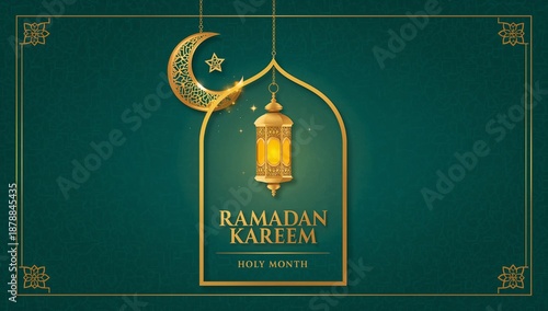 ramadan kareem holy month lantern and crescent moon on green background with golden accents and decorations