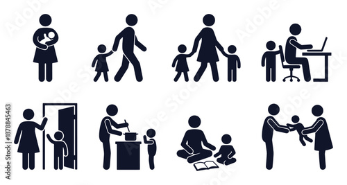 Single parent families icon set. Stick figure black silhouettes of mom with baby, dad and child, cooking, reading, school drop-off, divorced parents exchange. Flat vector pictograms