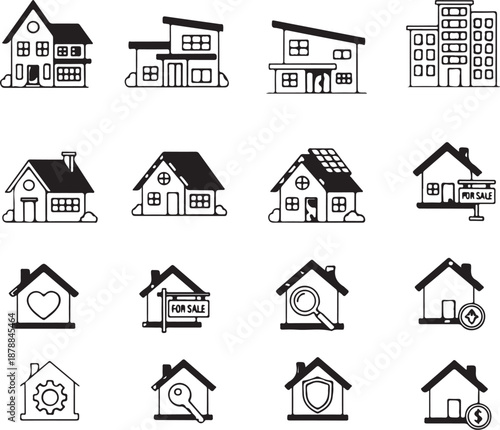 Collection of simple house and building icons in various styles and designs isolated