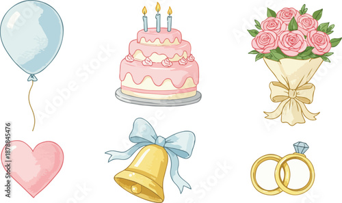 Wedding and birthday celebration elements with cake balloon flowers