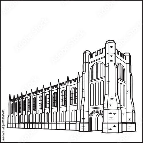 Architecture coloring page for kids and adults, black and white large collegiate gothic style university building sketch line art vector illustration