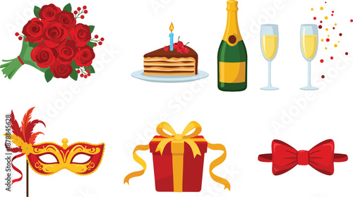 Party celebration icons including flowers cake champagne and gifts