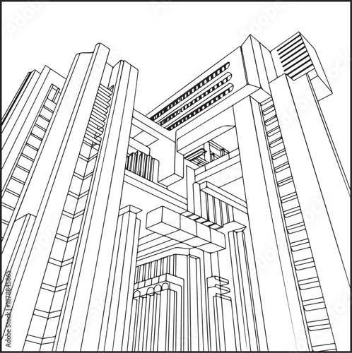 Architecture coloring page for kids and adults, black and white sketch line art vector illustration