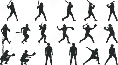 Large collection of black silhouettes featuring male and female baseball and softball players batting pitching and catching for sports team competition and athletic recreation design