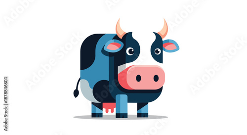A charming, modern flat design illustration of a blue and white cartoon cow with pink accents, standing playfully on a clean white background.