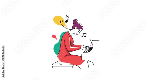An elegant woman in a red dress sits gracefully at a grand piano, immersed in playing music, with musical notes and abstract colorful shapes illustrating her passion and creativity.