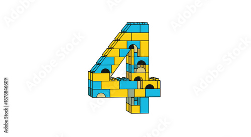 The number four creatively constructed from yellow and blue interlocking toy building blocks, depicted in an isometric 3D view.