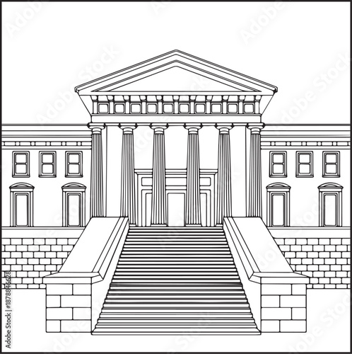 Architecture coloring page for kids and adults, black and white grand neoclassical courthouse front elevation sketch line art vector illustration