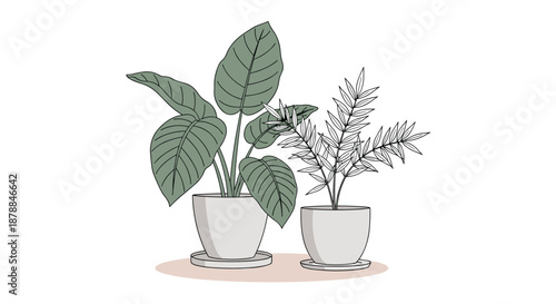 Two stylized potted houseplants, one with large green leaves and the other with delicate monochrome foliage, sit side by side on saucers.