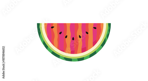 A vibrant, stylized illustration of a watermelon slice, showcasing its colorful striped flesh, black seeds, and green rind, perfect for summer themes.