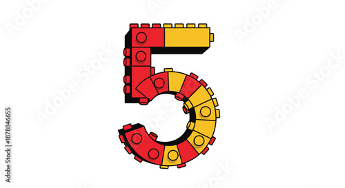 A vibrant red and yellow number five, creatively constructed from interlocking toy building blocks, presented on a clean white background.